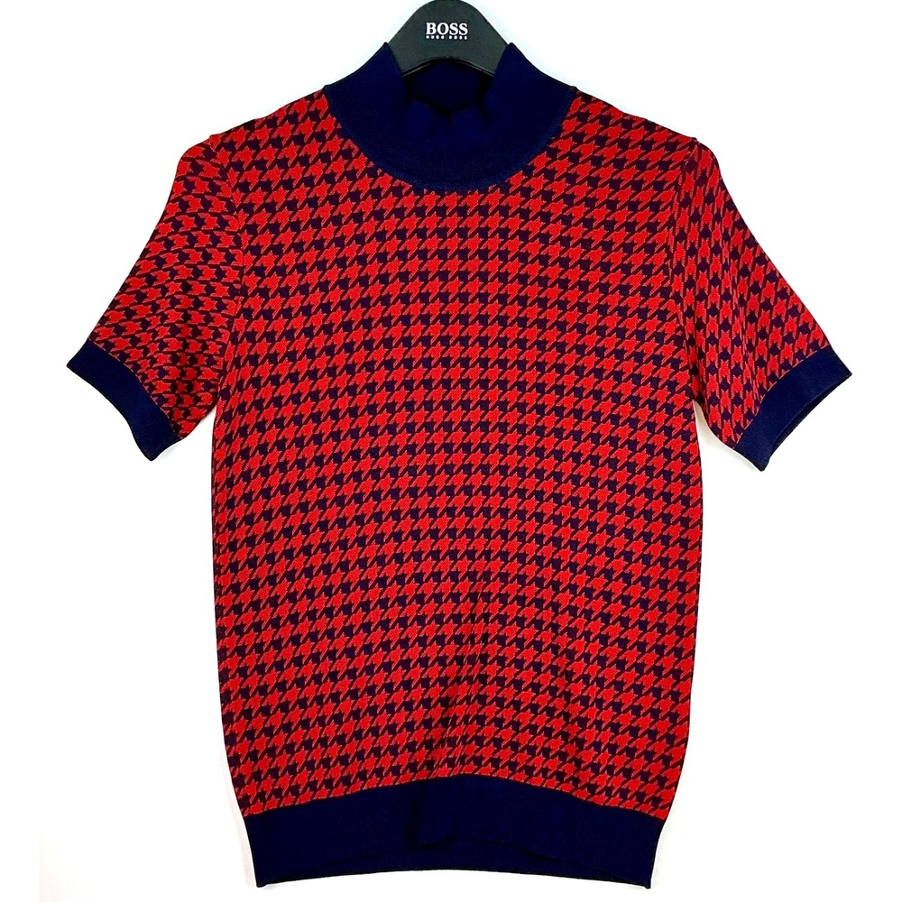 Hugo Boss Faryna Houndstooth Mock Neck Short Sleeve Sweater S Preppy Retro Mod